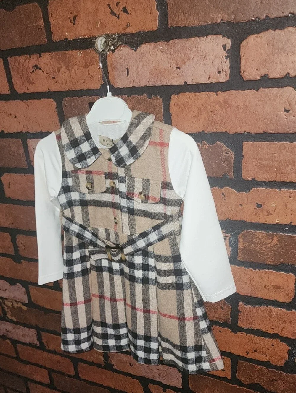 Girls Beige Plaid Dress with White Long Sleeves